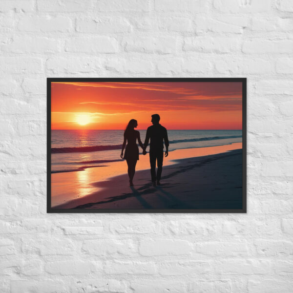Silhouette couple on beach at sunset – Framed poster Silhouette couple on beach at sunset – Framed poster