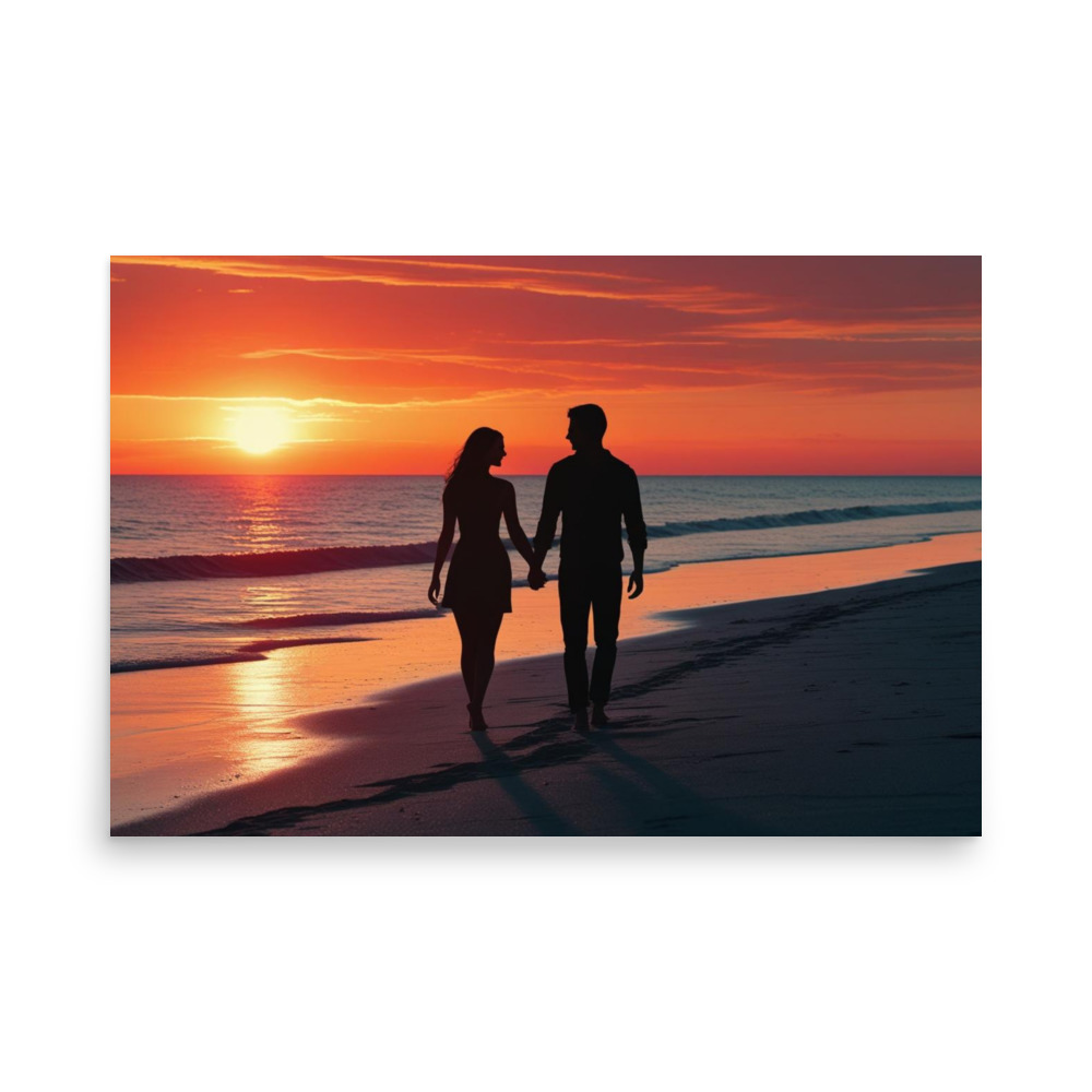 Silhouette couple on beach at sunset – Poster